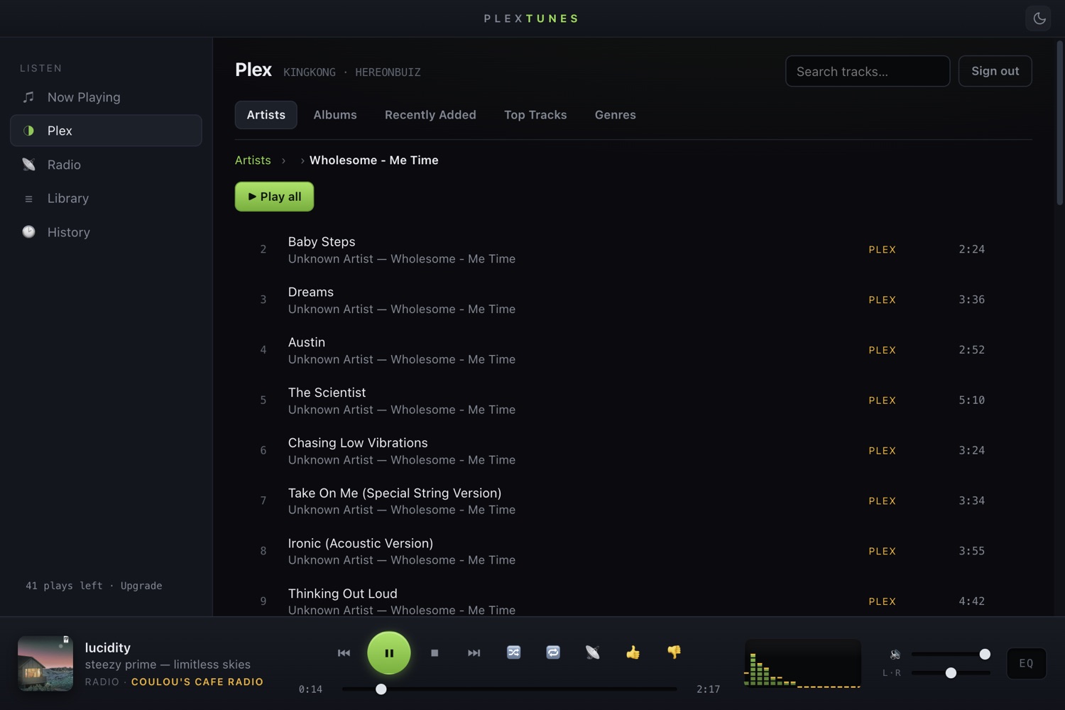 PlexTunes playing a Plex album with the live spectrum visualiser